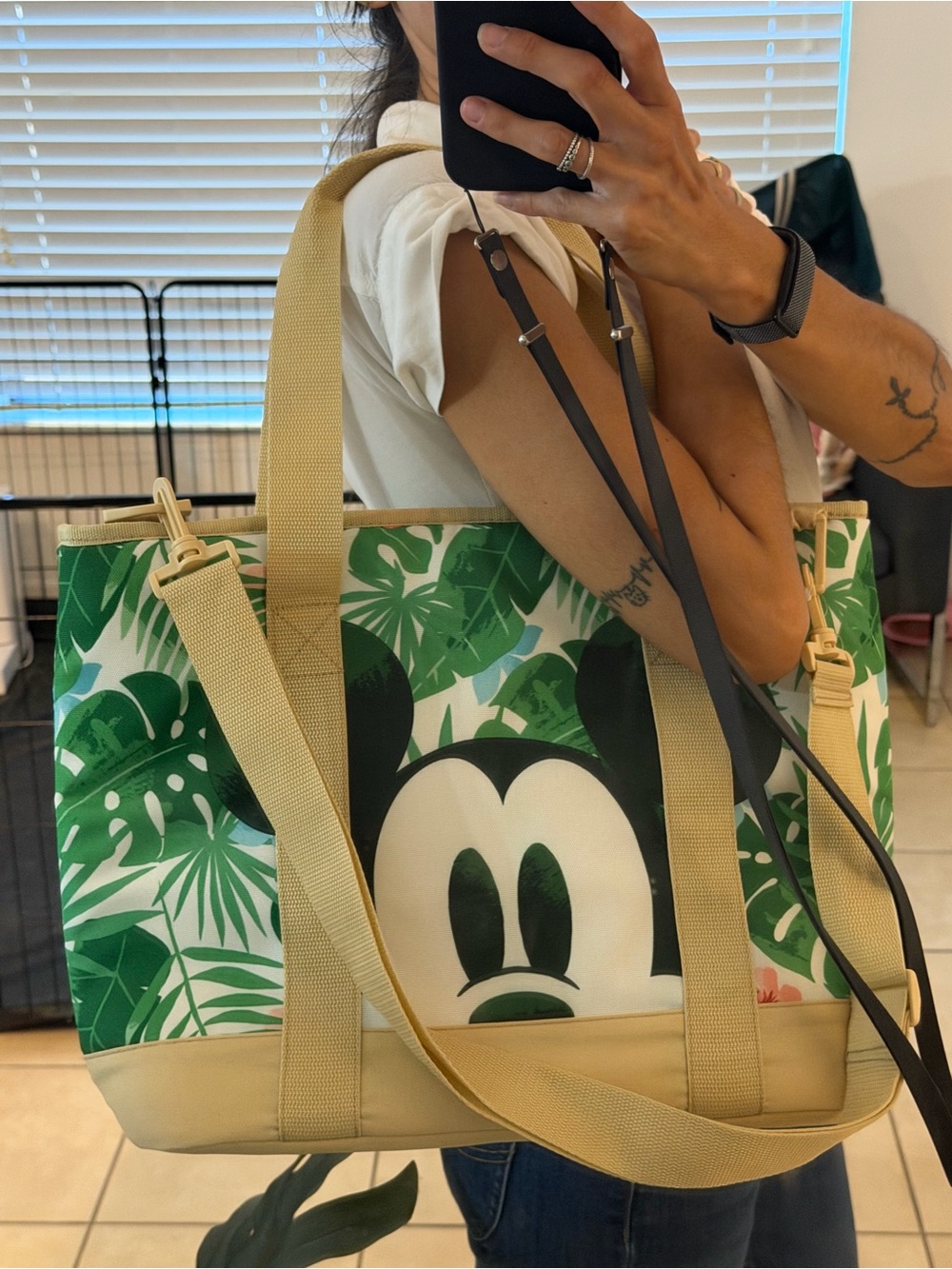 Disney Canvas Tote in Green Tropical Mickey Print with Cream Straps